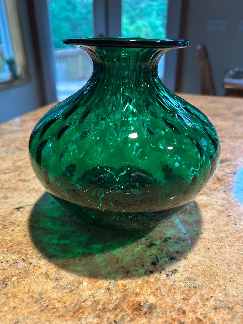 Empoli Glass Emerald Green Hand Blown Glass Hurricane Vase Tuscany Italy 10”wide